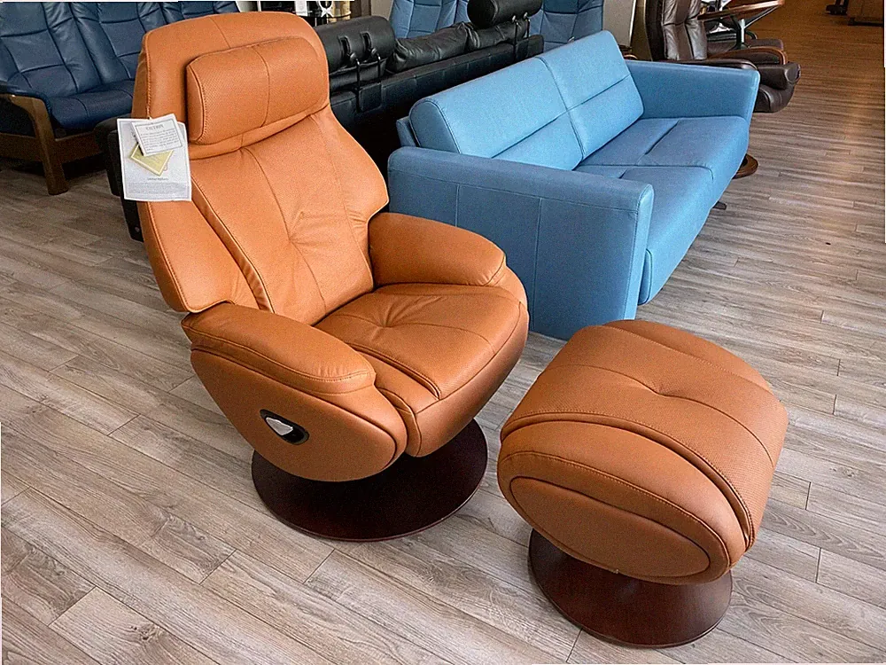 Barcalounger Marjon Pedestal Recliner Chair and Ottoman in Capri Tobacco Leather