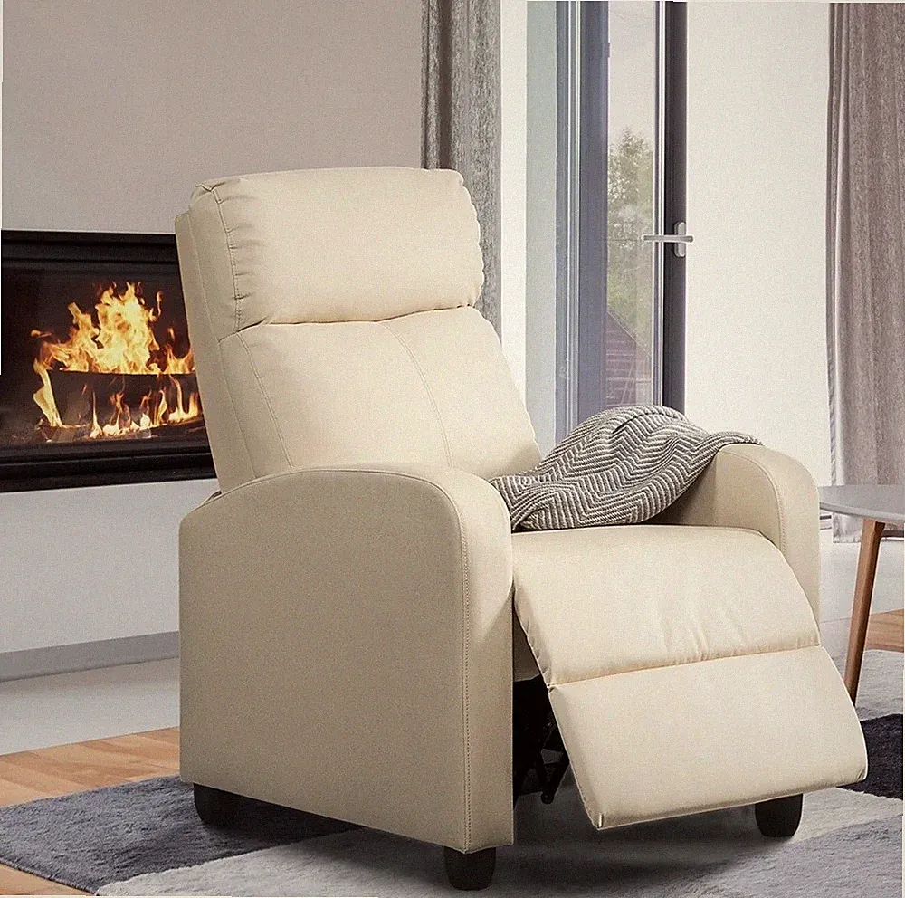 Cream Faux Leather Pushback Theater Style Recliner Armchair Chair Recliners New