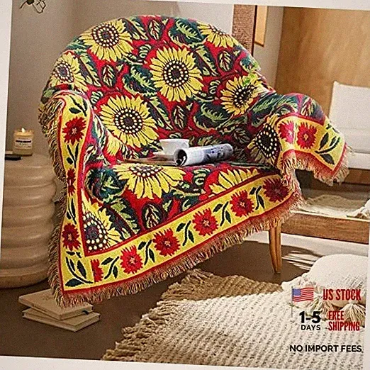 Throw Blanket with Fringe Boho Throw Blankets Recliner 70x90inch Red Sunflower